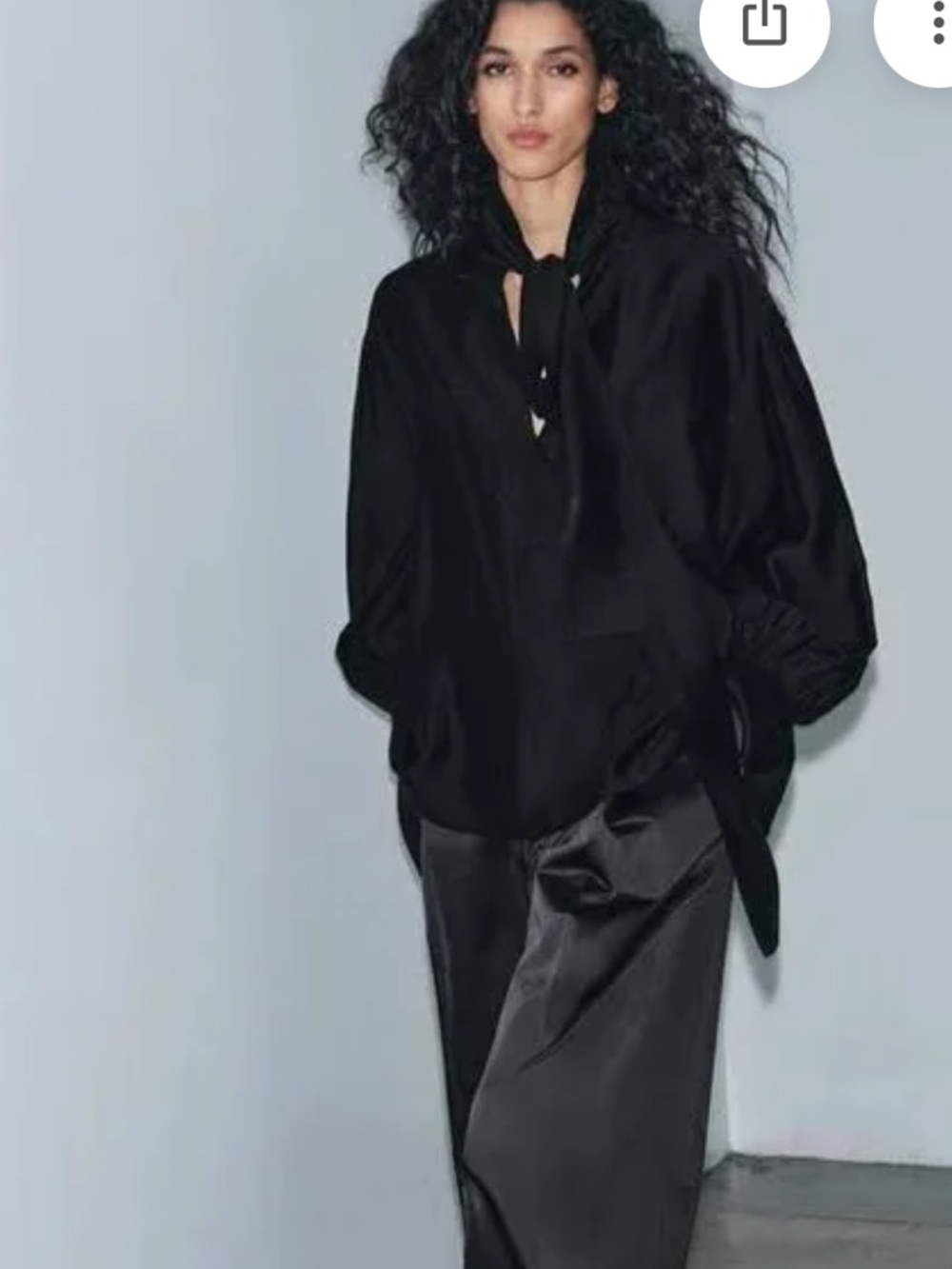 NWT Zara  Black Tie-Neck Flowing Blouse